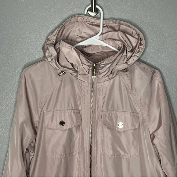 Michael Kors Jacket Women Medium Pink Gold Accents Hooded Zip Up Coat Adj Waist - Picture 2 of 13